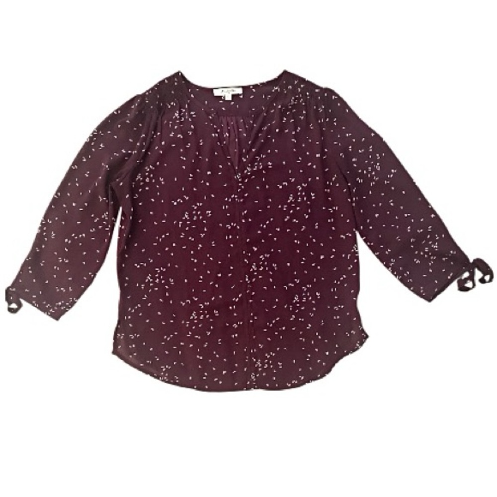 Monday Fun Plum Colored Speckled Print Blouse Women’s Small 3/4 Sleeve Tie